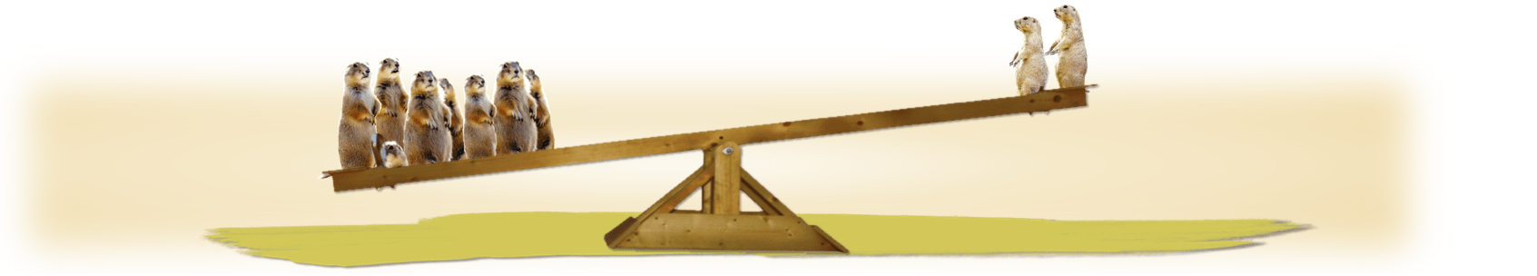Bowling pins on a seesaw, outbalancing a smaller number of pins on the other side.