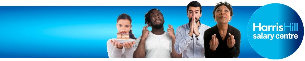 People gesturing against a blue background, a corporate advertisement.