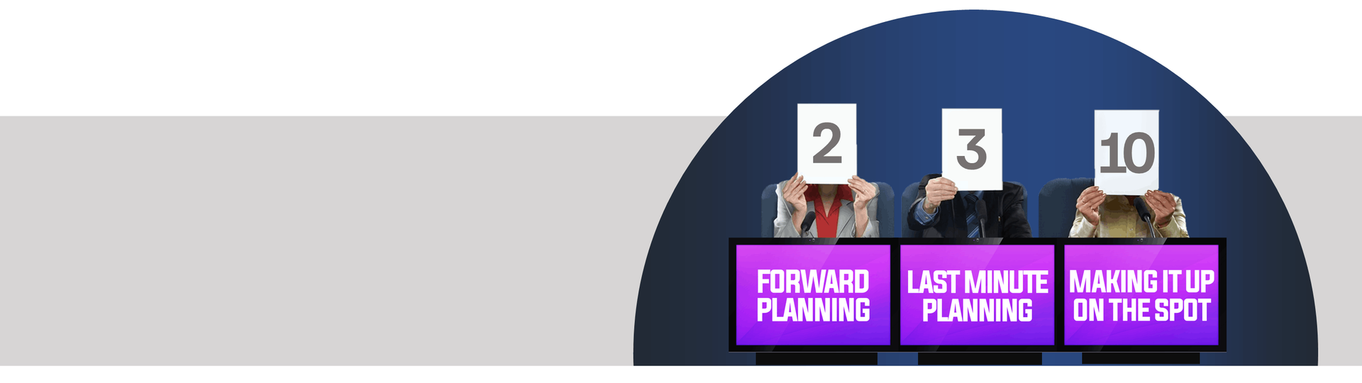 Three people hold cards with numbers, below, purple screens with text.