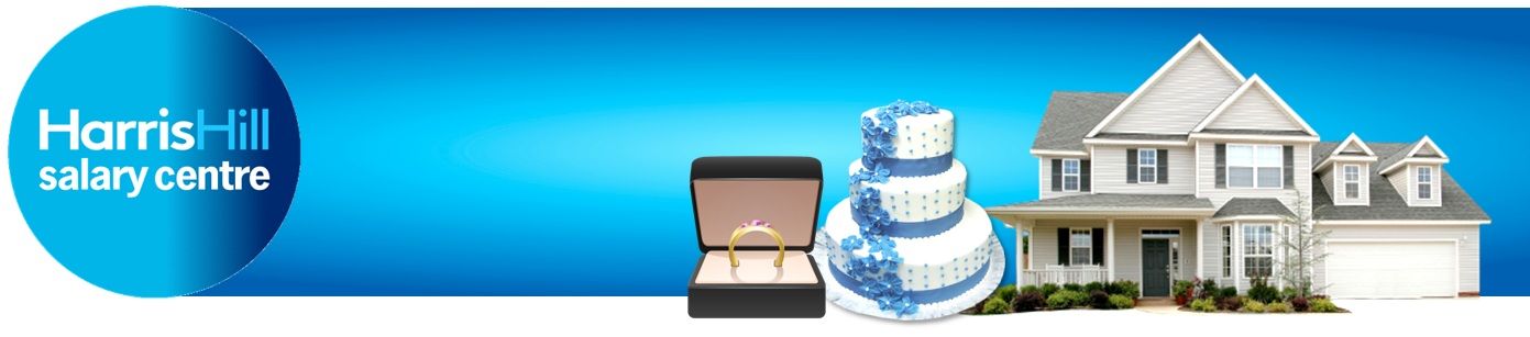 Banner with a blue gradient, a house, and a cake. Text in a circle reads