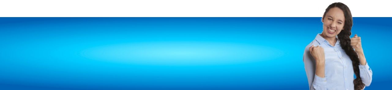 Smiling person on blue and white background, giving a thumbs-up.