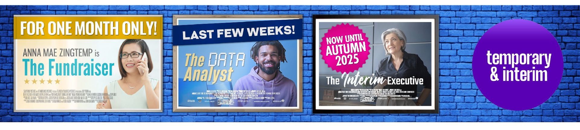 Ads for three shows and a temporary service circle on a blue brick background.
