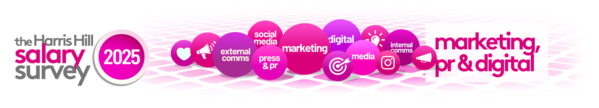 Pink and purple graphic for a salary survey, marketing, PR, and digital.
