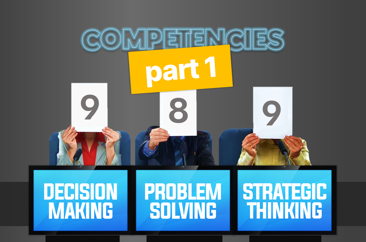 Judges holding scorecards representing competencies: Decision Making, Problem Solving, and Strategic Thinking.