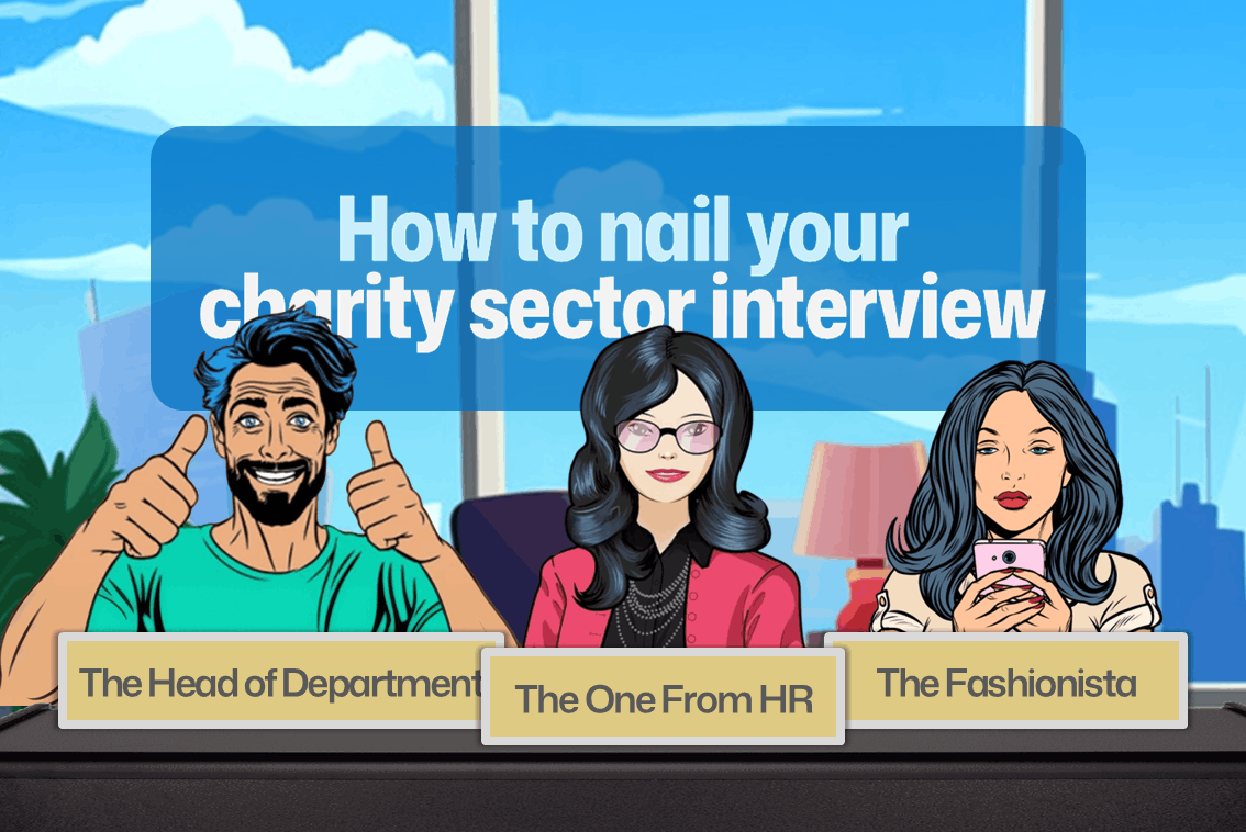 Cartoon of three people behind a table: 