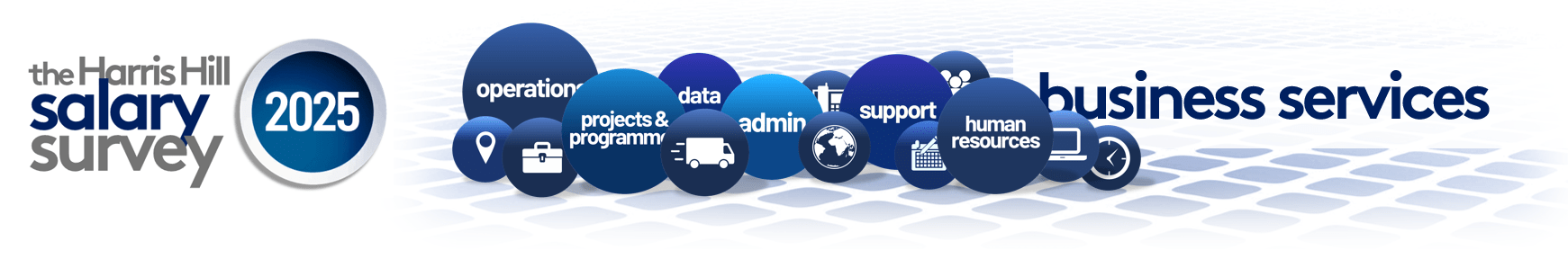 The Harris salary survey 2025 logo featuring blue bubbles with icons and the words 