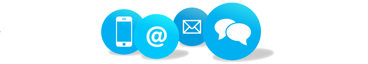 Contact icons: phone, email, chat bubbles. Blue circles.