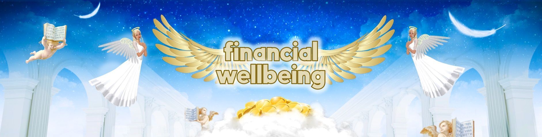 Angels in heaven, golden wings, text 