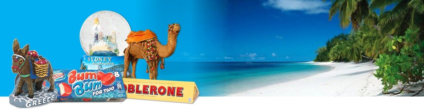 Beach-themed promo banner with cartoon characters, blue sky, palm trees, and a colorful logo