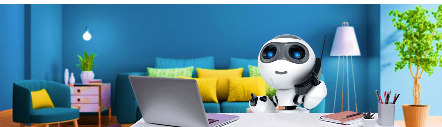 A robot sits at a desk in a blue room with a laptop. A couch is visible in the background.