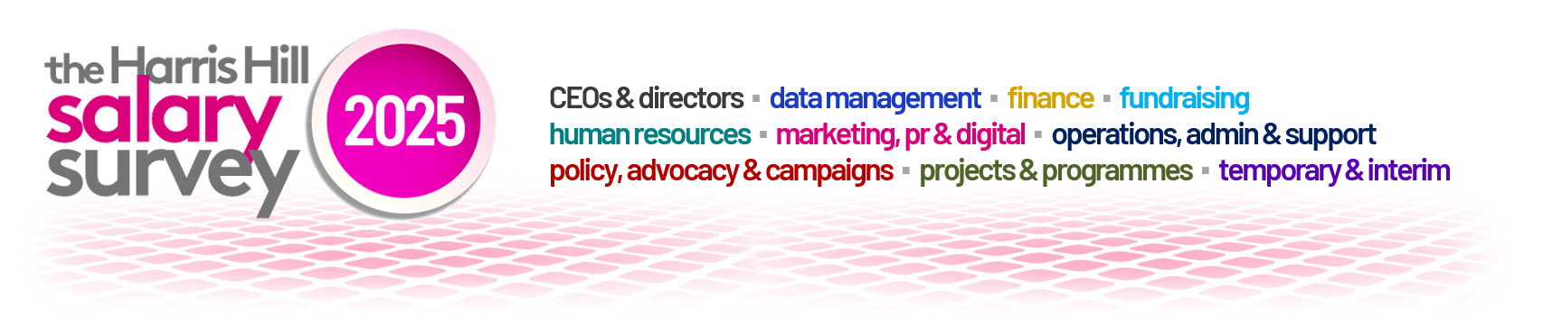 The Harris Hill salary survey 2025 logo listing different job roles in multiple colors.