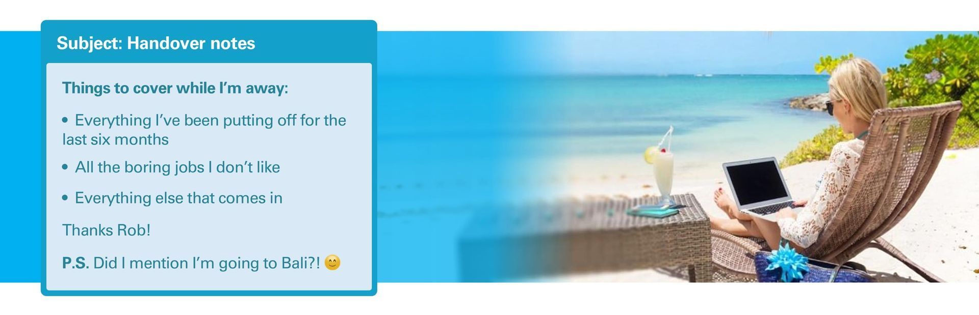 Beach scene with a woman reclining in a chair and using a tablet beside a turquoise sea