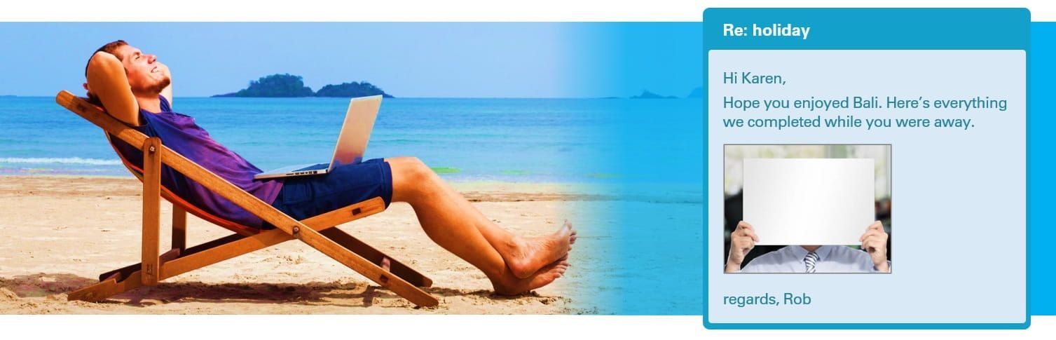 Man relaxing on a wooden beach chair under a blue sky beside a calm sea, with a small monitor on the right.