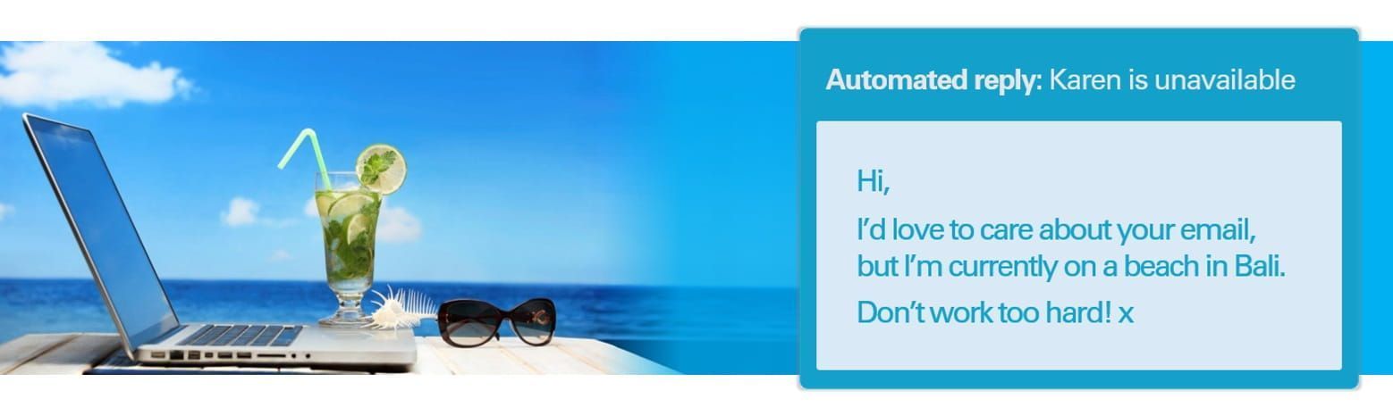 Woman relaxing with laptop and drink on a beach beside a blue panel with website text.
