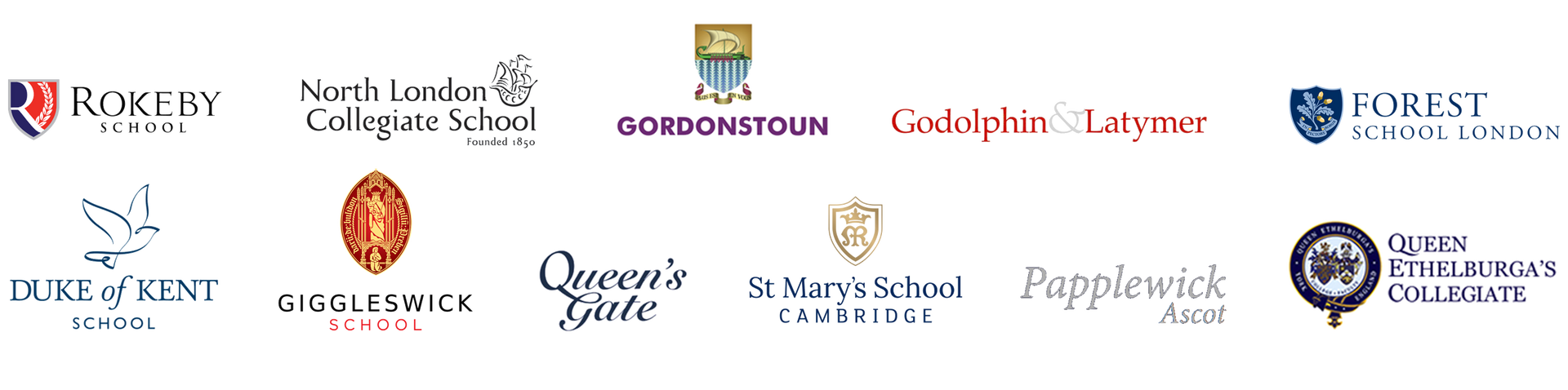 Logos of various schools, including Rokeby School, North London Collegiate School, and Duke of Kent School.