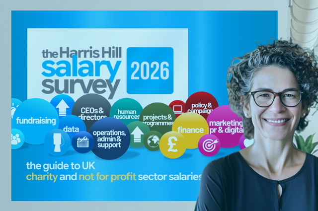Woman in glasses with the Harris Hill Salary Survey 2025 graphic, focusing on UK charity salaries.
