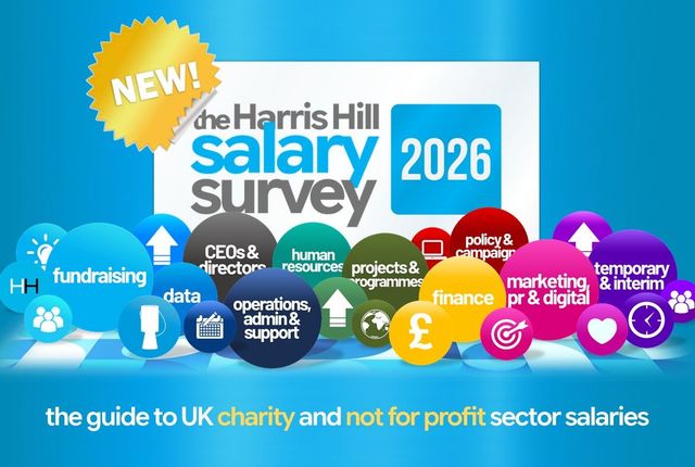Woman in glasses with the Harris Hill Salary Survey 2025 graphic, focusing on UK charity salaries.