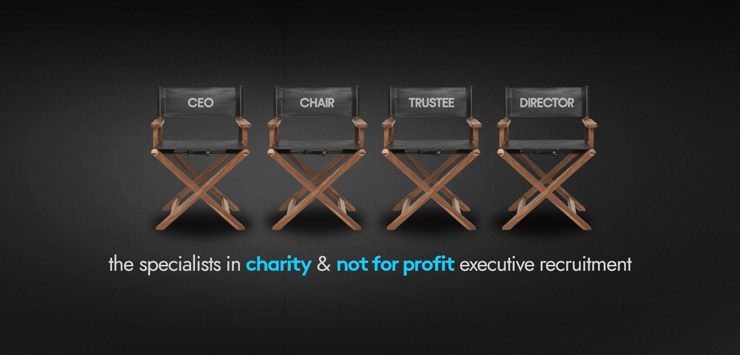 Four director's chairs labeled CEO, Chair, Trustee, and Director, on a dark background, and text about charity recruitment.