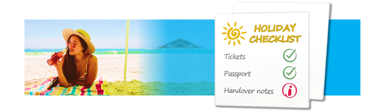 Holiday check-in banner with a woman on a beach and a checklist on a white card