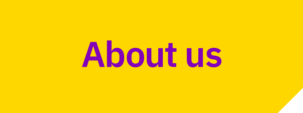 Purple “About us” text on a bright yellow background