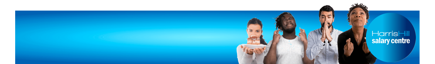 People gesturing against a blue background, a corporate advertisement.