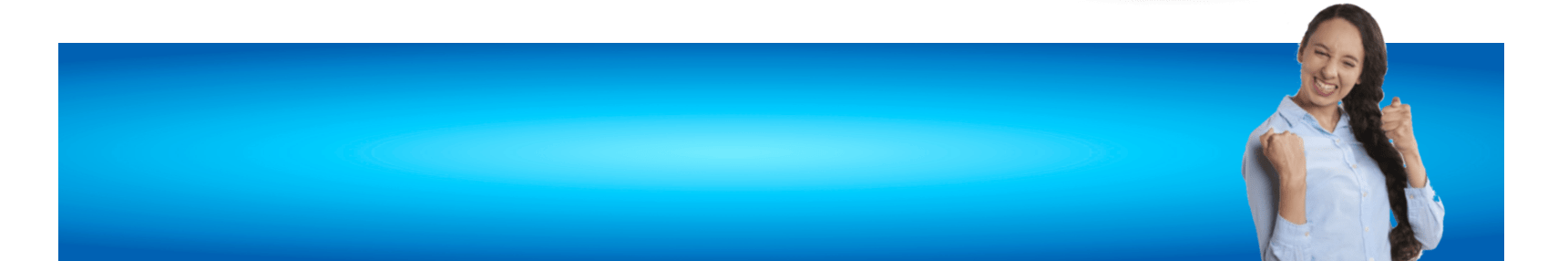 Smiling person on blue and white background, giving a thumbs-up.