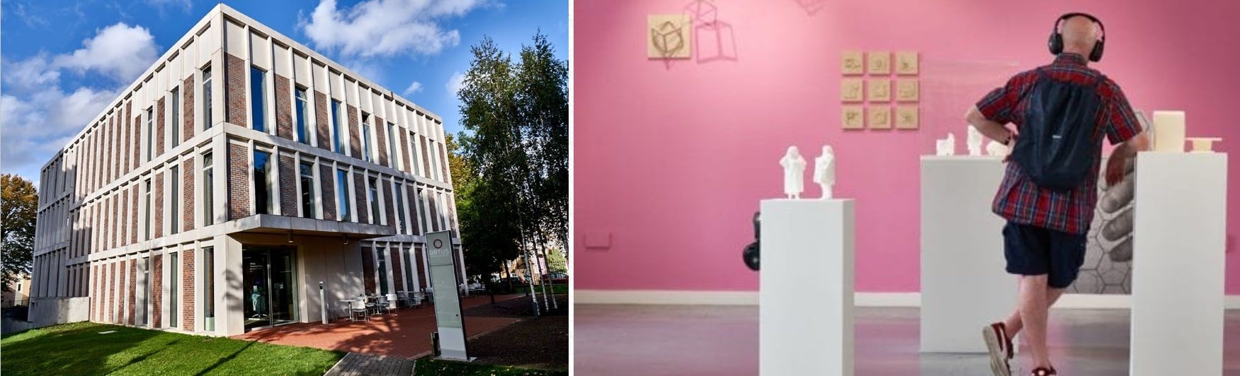 Exterior of a modern building and interior of a gallery with art and a person wearing headphones.