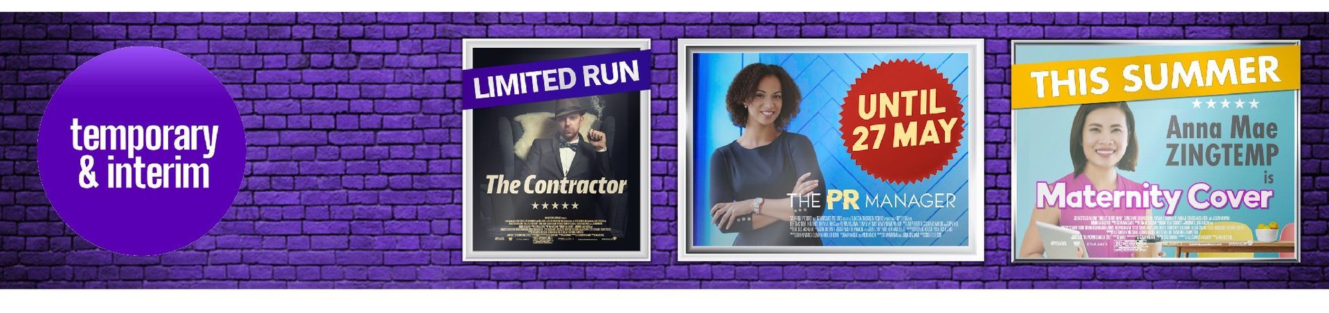Purple brick background with three promotional images. The first image has 