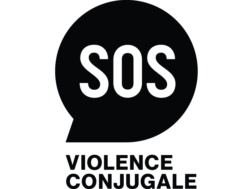 SOS violence conjugale dans une bulle de dialogue noire avec texte blanc gras.
