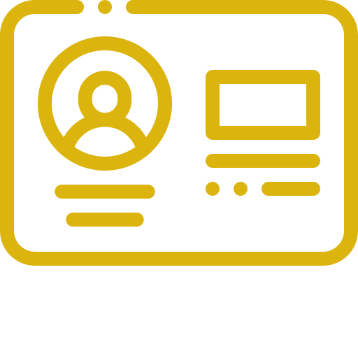 Icône jaune représentant une fiche de profil utilisateur avec avatar, lignes de texte et petit écran sur fond blanc.