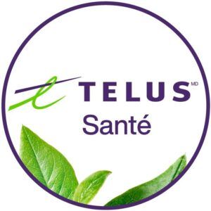 Logo de TELUS Santé en violet et vert avec un motif de feuille à l'intérieur d'un cercle violet