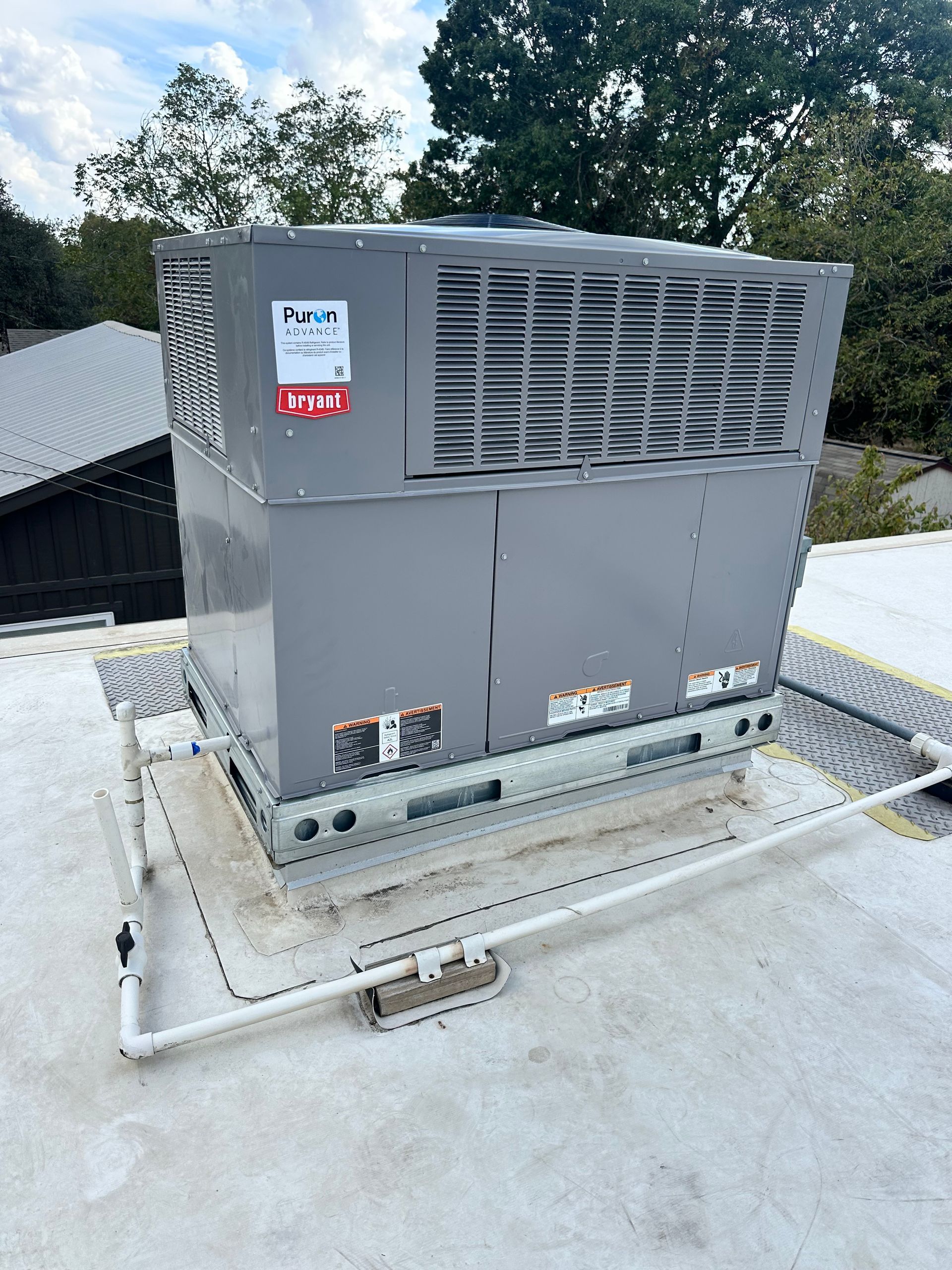 Gray HVAC unit on a rooftop, with white piping around the base. Cloudy sky.