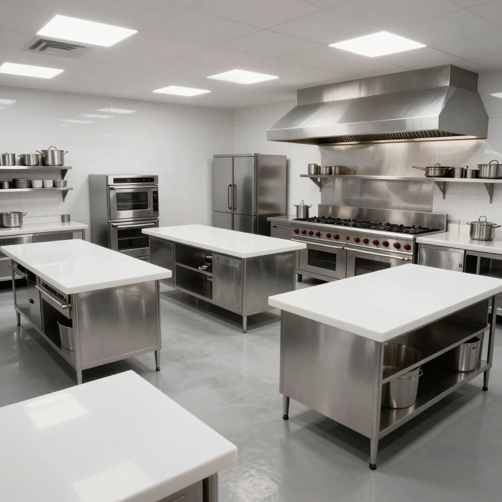 Bright stainless-steel commercial kitchen with prep tables, ovens, refrigerator, and large ventilation hood.