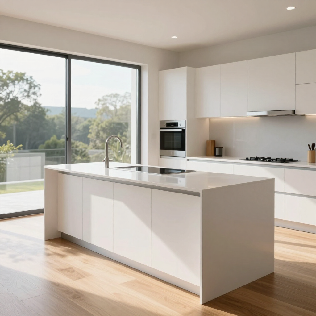 Bright modern kitchen with white island, built-in appliances, and large sliding glass doors to a garden.