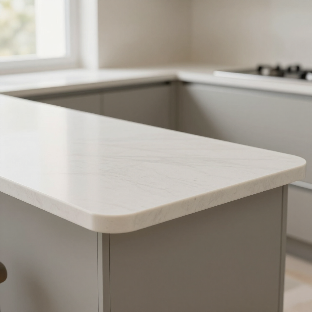 White countertop in a modern kitchen with a window and stovetop in the background