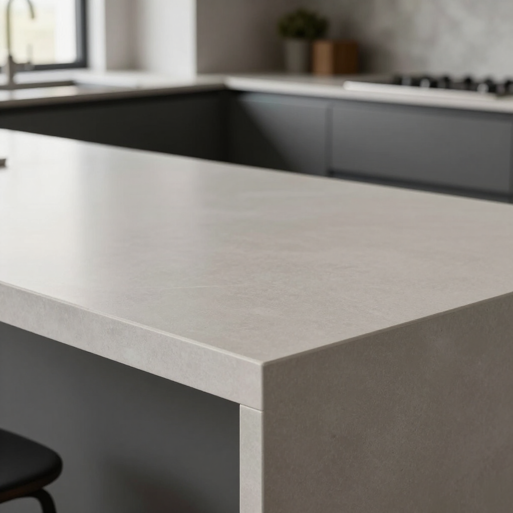 Modern kitchen island with a light countertop and gray cabinetry