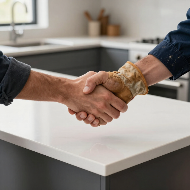 Two people shake hands over a kitchen counter in a bright, modern room.