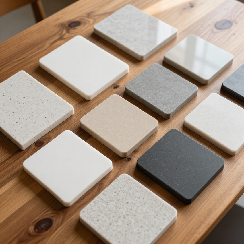 Assorted square tile samples in white, gray, and speckled finishes on a wooden board
