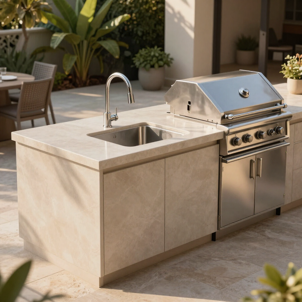 Outdoor stainless steel grill and stone sink on a patio next to potted plants.