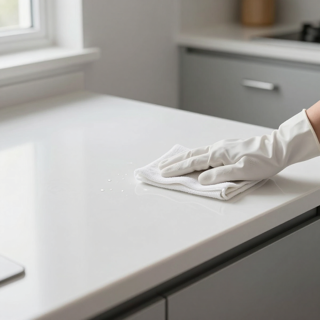 Gloved hand wiping a white kitchen countertop with a cloth