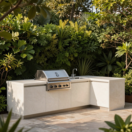 Outdoor built-in stainless steel grill with sink on a light stone patio, surrounded by lush tropical greenery