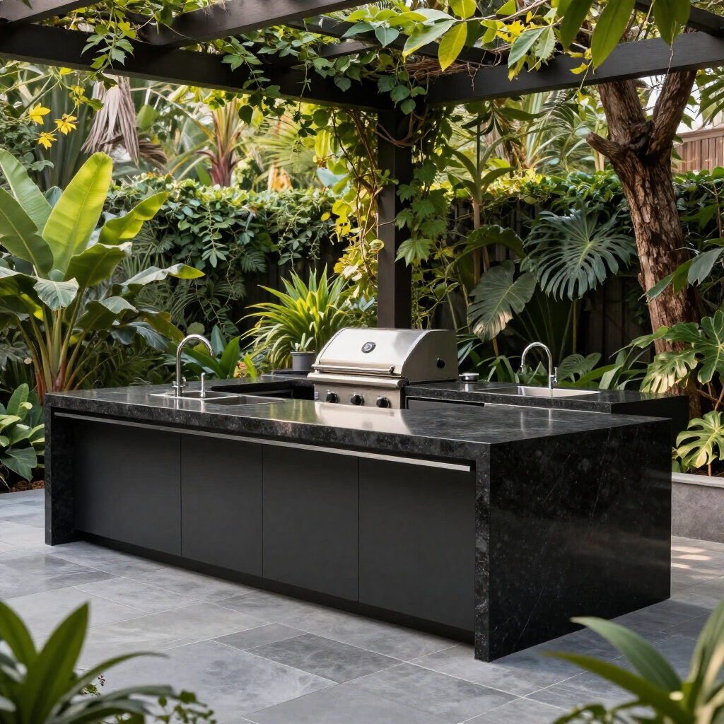 Outdoor black stone grill island under a leafy pergola in a lush garden patio
