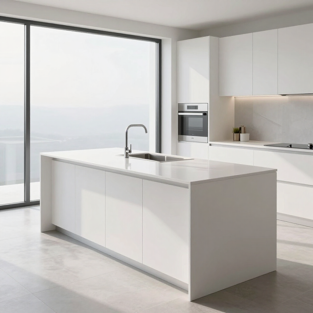 Bright modern kitchen with white island, sink, and large sliding glass doors