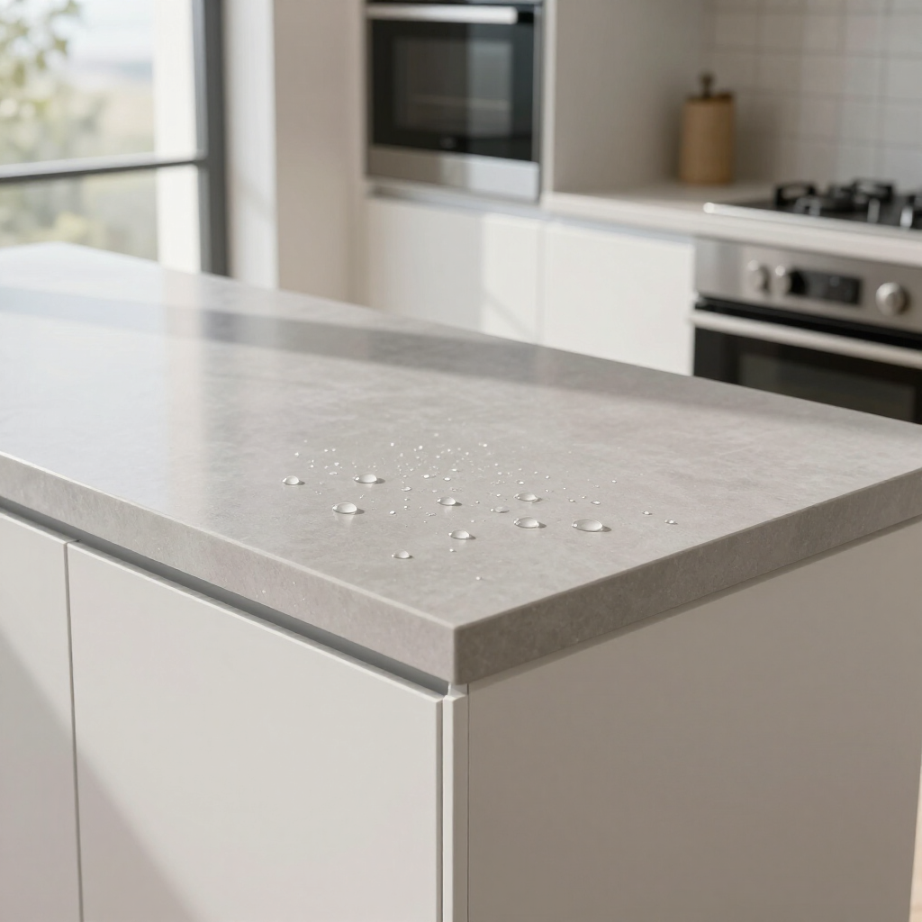 Modern kitchen island with light gray countertop and scattered water droplets