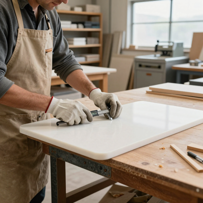 Person in apron and gloves carefully measuring a white board on a workbench in a workshop