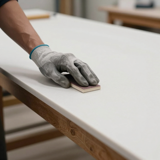 Gloved hand sanding a white tabletop with a sanding block in a workshop