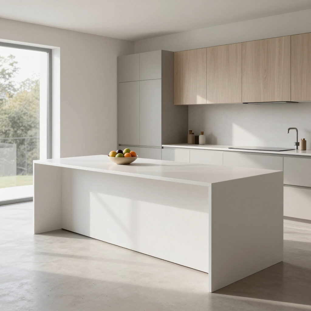 Bright minimalist kitchen with a white island, pale wood cabinets, and a bowl of fruit by a window