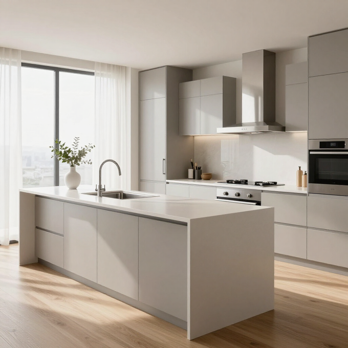 Bright modern white kitchen with island, sink, and large sunlit window.
