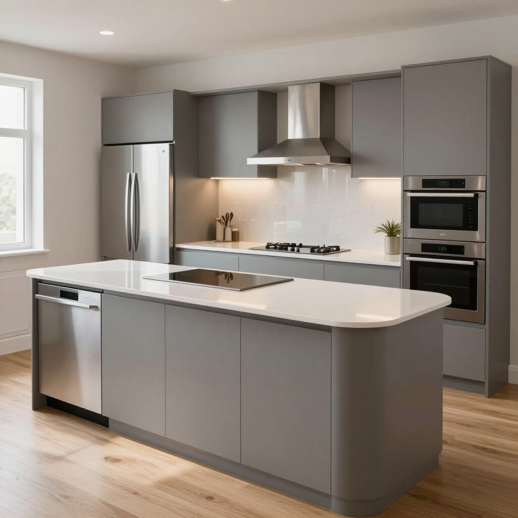 Modern gray kitchen with island, stainless steel appliances, white countertops, and wood flooring