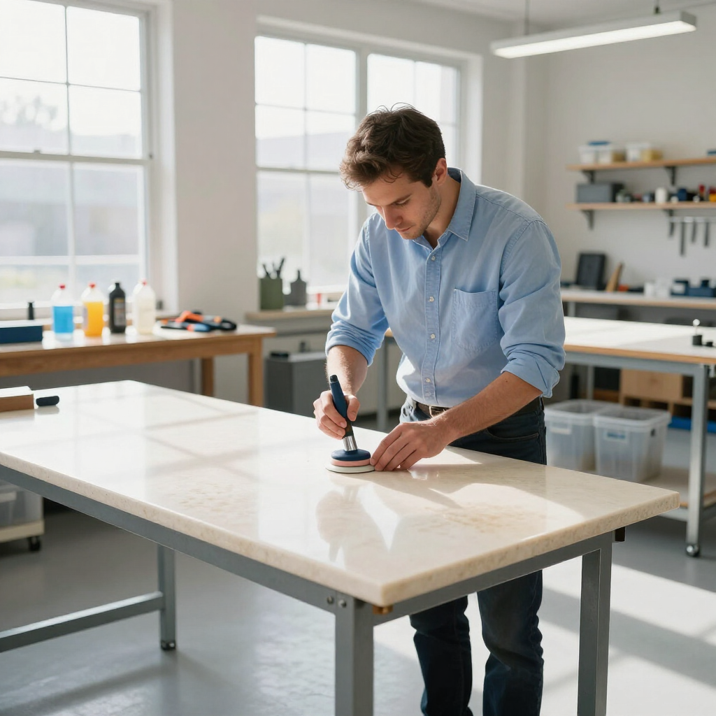 Person polishing a wooden workbench in a bright workshop with tools and supplies nearby